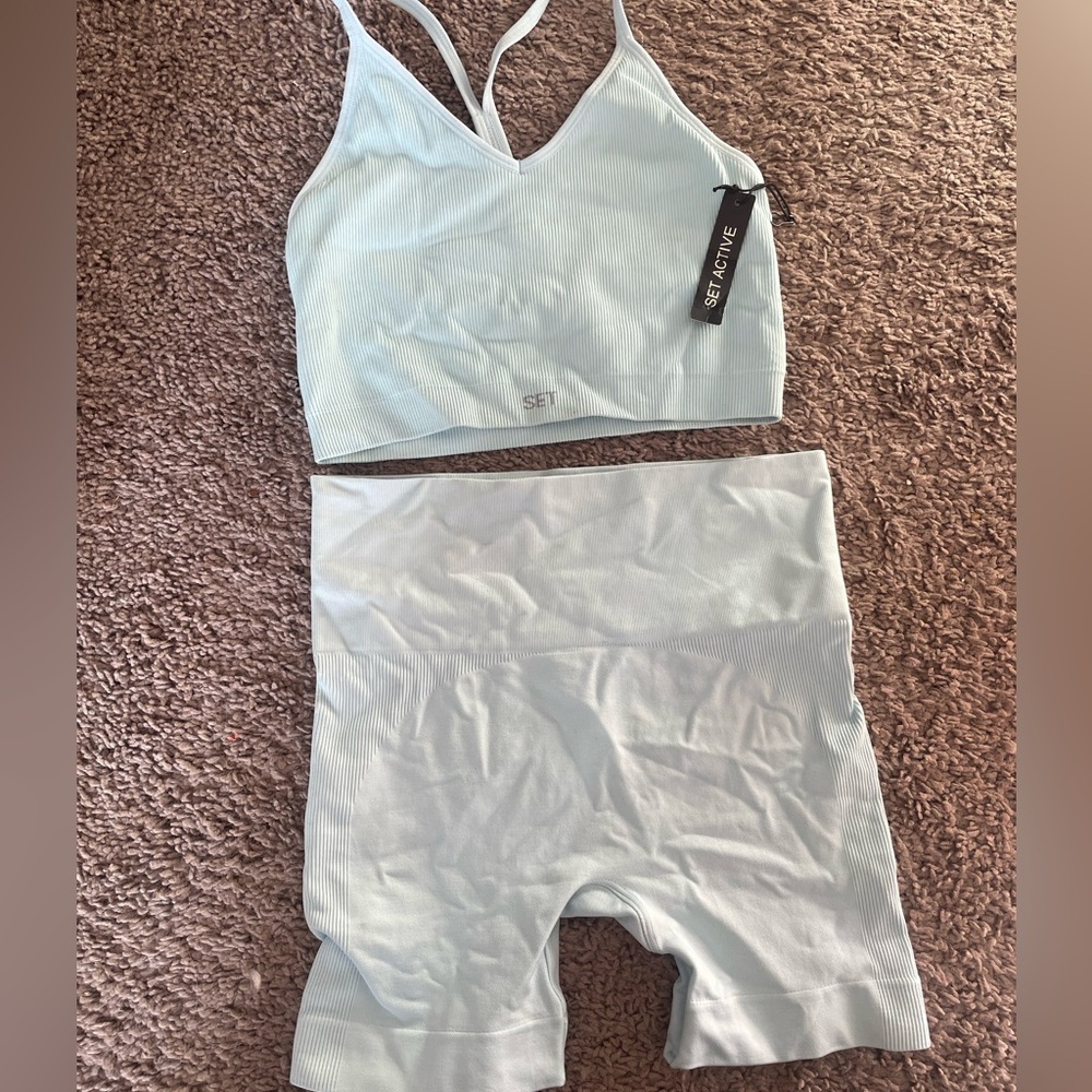 SET Active Light Blue Ribbed Sports Bra & High-Waist Biker Shorts Set